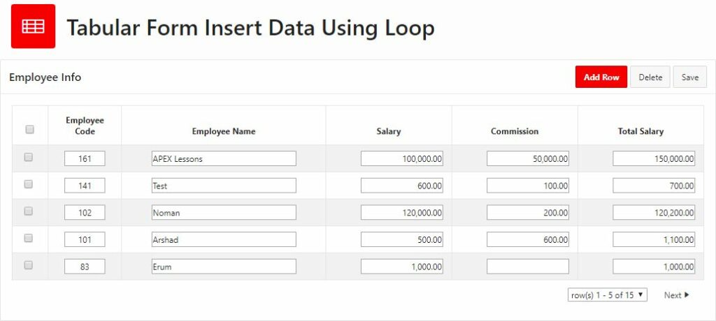 Tabular Form Insert Data Using Loop Apex Lessons